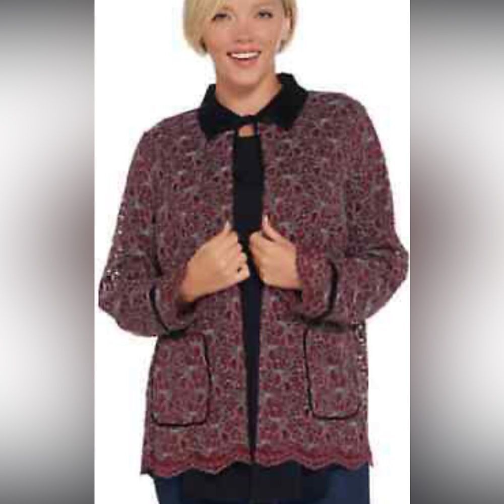 Logo lace with velvet collar open front jacket - Picture 2 of 7